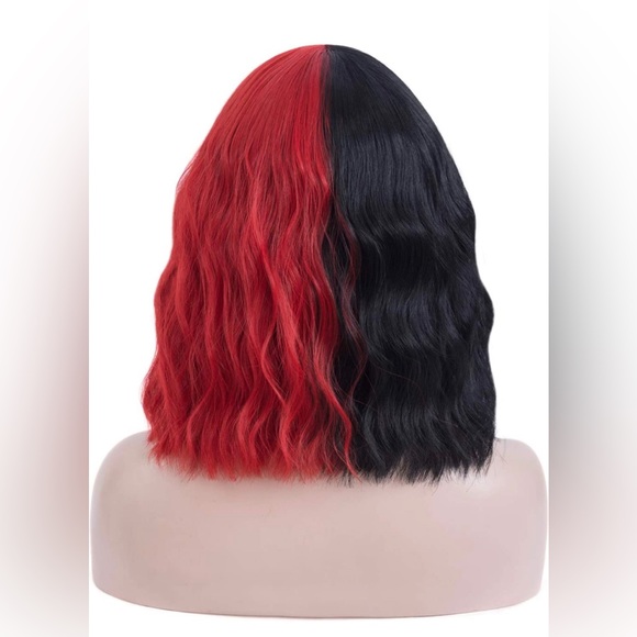 Half Red Half Black Wig Short Curly Wavy Bob Hair Wig w Bangs Cosplay Halloween - Picture 4 of 4